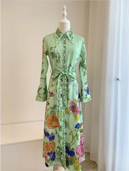100% Len Nők Vintage Maxi ruha Flare Hosszú Ujjú Virág Nyomtatás egysoros, Hosszú Póló Ruha