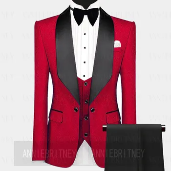2021 Új Divat Vörös Jackquard Esküvői Ruhák Szatén Kendő Hajtóka Férfi 3 Db Szmoking Kabát, Nadrág Veat Rendelésre Készült, Blézer Készlet