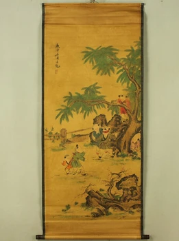 Antik festmény, hagyományos Kínai, 6 gyerekek játszanak festmény lapozzunk a festményt,régi papír festmény