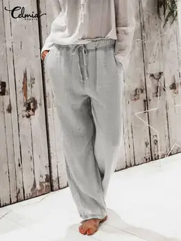 Celmia Pamut Ágynemű Alkalmi Nadrág Ünnep Napi Derék Rugalmas Bő Pantalones Egyszínű 2023 Nyári Nők Vintage Hosszú Nadrág
