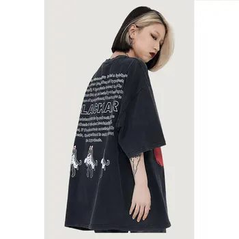 CHICVOY Hip-Hop Mosott Fekete Póló Túlméretezett Férfiak Y2K Streetwear Nők Japán Kanji Rajzfilm Grafikus Harajuku Pamut Tshirt