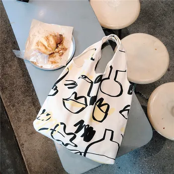 Egyszerű graffiti vonalak válltáska fehér vászon táska, nagy bevásárló táska nő újrafelhasználható bevásárló szatyor, táska összecsukható