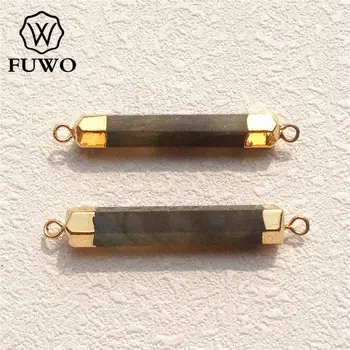 FUWO Természetes Labradorite Stick Csatlakozó Medál 24 karátos Arany Galván Több Szempontból is Hatszög Függőleges Sáv Kő Ékszerek PD087