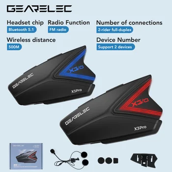 GEARELEC X3 Pro Motoros Intercom Helmet Fülhallgató 2 Lovasok 500m Bluetooth 5.1 Kommunikáció hangvezérlés FM Rádió, Lámpák