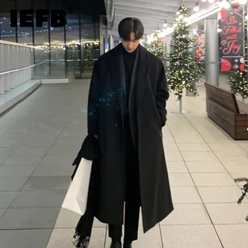 Koreai Trend Férfi Laza Alkalmi egysoros Kabát Őszi Téli Divat Új Hosszú Ujjú Gyapjú Hosszú Kabát