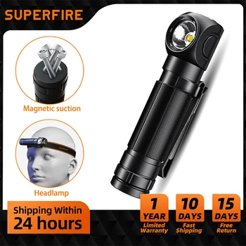 Legújabb SUPERFIRE High Power LED Fényszóró USB Újratölthető 90°Fényszóró Zseblámpa Mini Vízálló Kijelző Mágnes Farok Zseblámpa