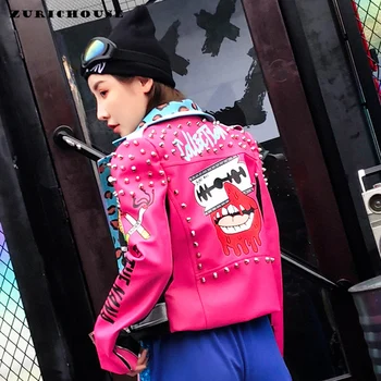 Nagy Divat Design Vicces Graffiti Nyomtatás PU Bőr Kabát Női Vékony, Rövid Streetwear Punk Szegecs Motoros Kabát Mujer