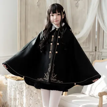 Télen Gyapjú Női Köpeny Mágikus iskola Kabát Arany Kereszt Hímzés Gótikus Fekete Lolita Princess Royal Hosszú Köpeny