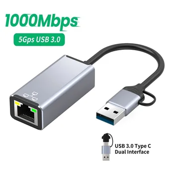 USB-C Ethernet Adapterrel Dual Interface USB Típus C-RJ45 Hálózati Kártya 1000Mbps USB3.0 HUB RJ45 Lan a Xiaomi Macbook Laptop PC