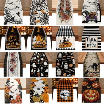 Vászon Halloween Asztali Futó Tök Pókháló Koponya Étkező Asztal Dekoráció Ijesztő Táblázat Fedezni Halloween Vacsora Dekoráció